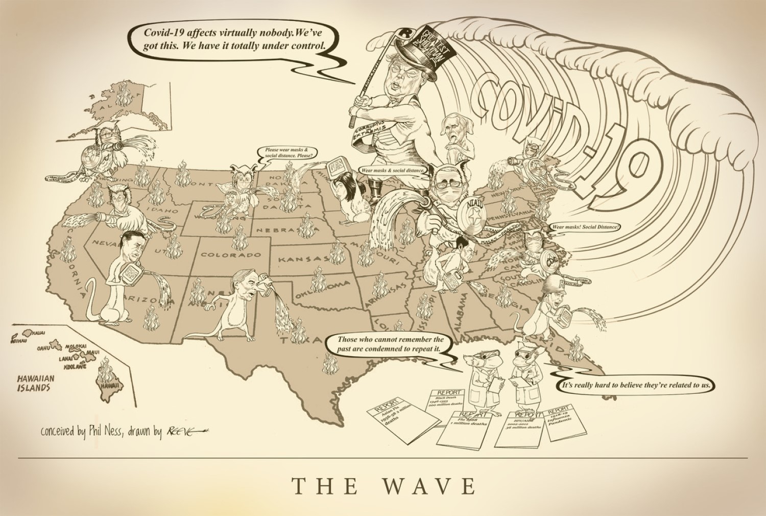 Cartoon: The Wave, conceived by Phil Ness, drawn by Reeve, 2021.